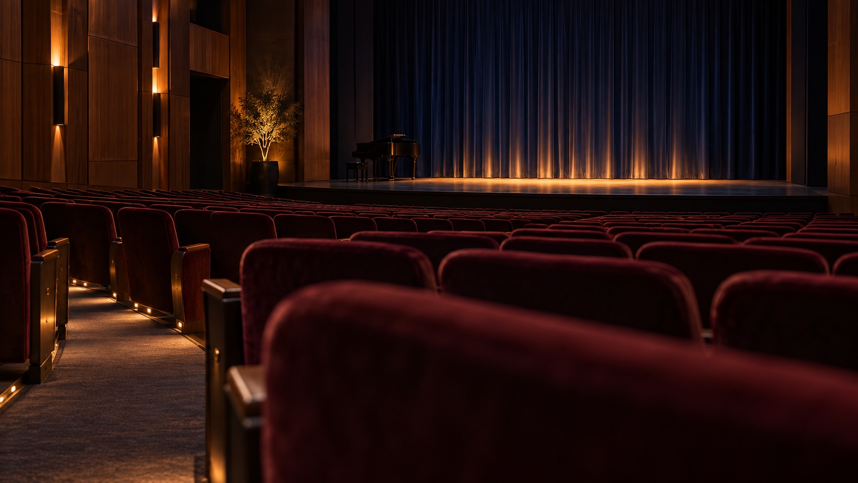 Original illustration of burgundy concert-hall seats facing a warmly lit stage and navy curtain; not bergenPAC