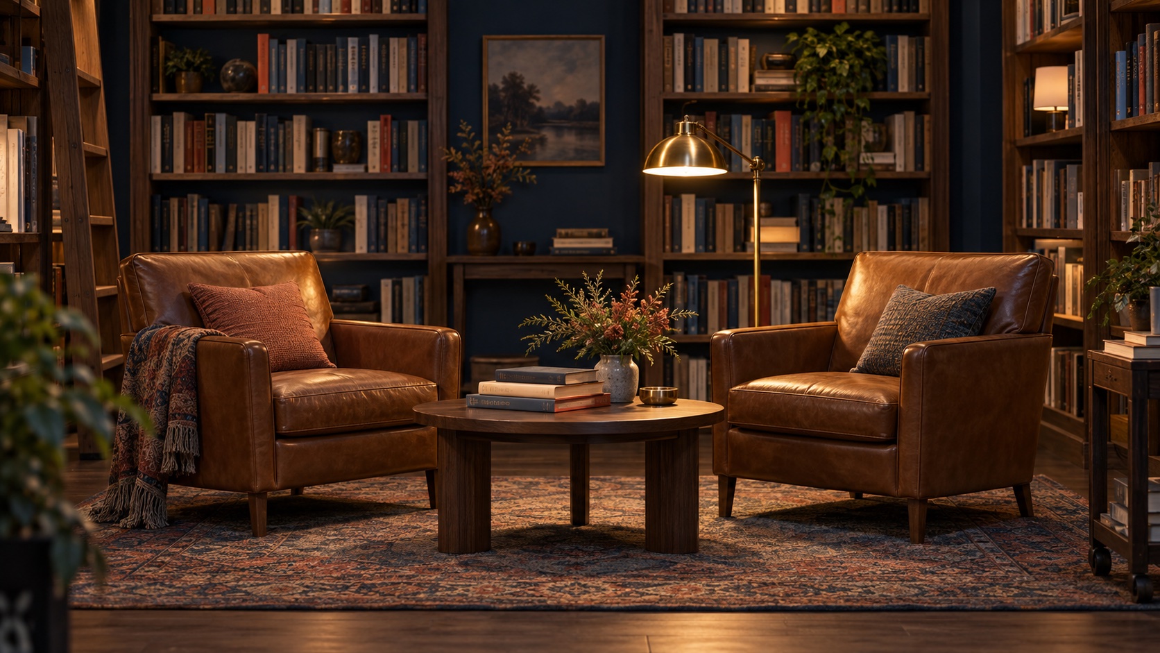 Original illustration of two leather reading chairs and a brass lamp surrounded by bookshop shelves; not Bookends