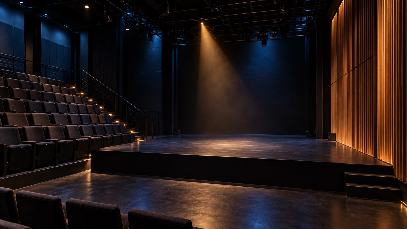 Original illustration of a contemporary black-box stage with oak acoustic panels and amber lighting; not HACPAC