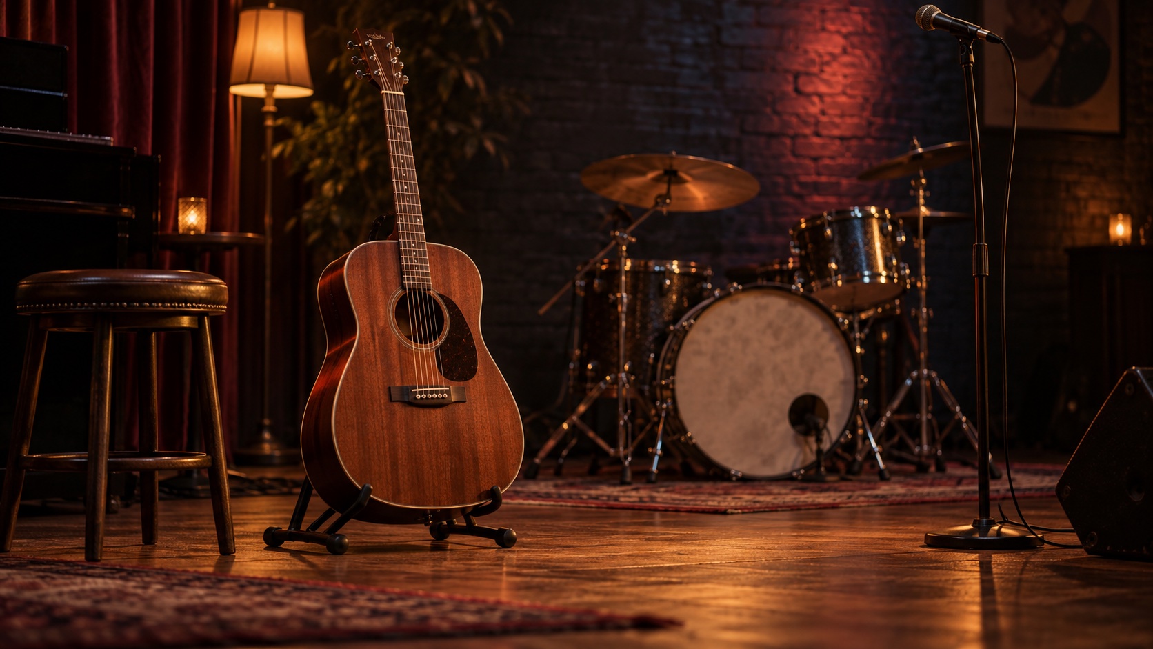 Original illustration of an acoustic guitar, drum kit, and microphone on a warmly lit music-club stage; not Debonair Music Hall