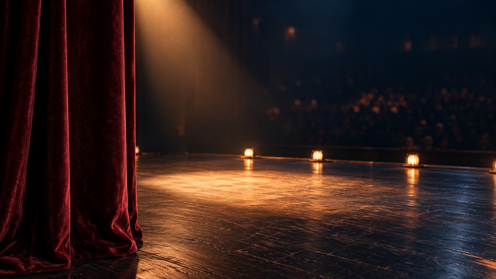 Original illustration of a velvet curtain and amber footlights seen from the theater wings